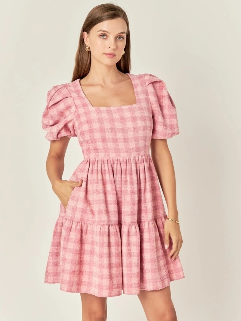 NWT English Factory Pink Tweed Babydoll Square-Neck Puff-Sleeve Mini Dress Sz M